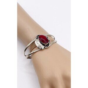 Vintage Mexican Alpaca Silver Cuff Bracelet Red Resin Stone Feather Southwest